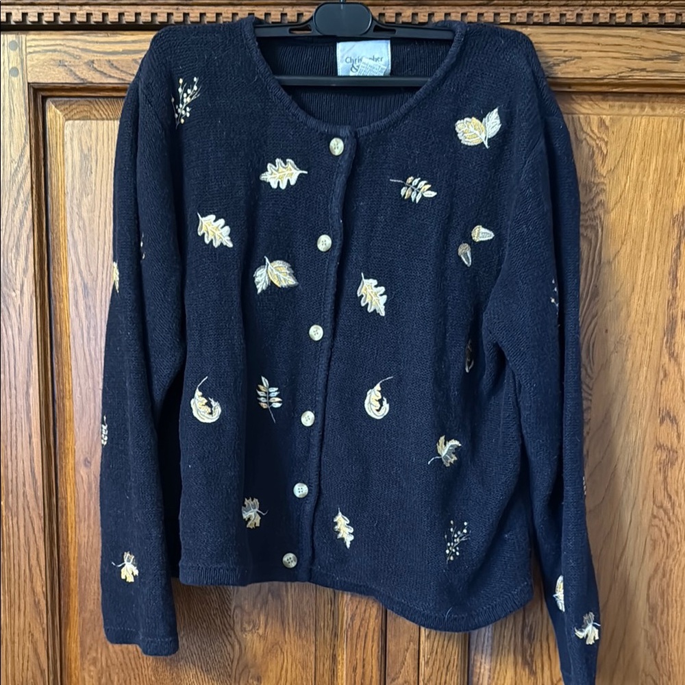 Christopher Banks  Blue and Gold Cardigan Sweater with Floral Embroidery